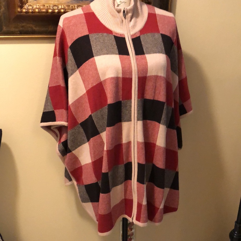 Jones NY Mock turtleneck zippered short dolman sleeve zippered plaid cardigan